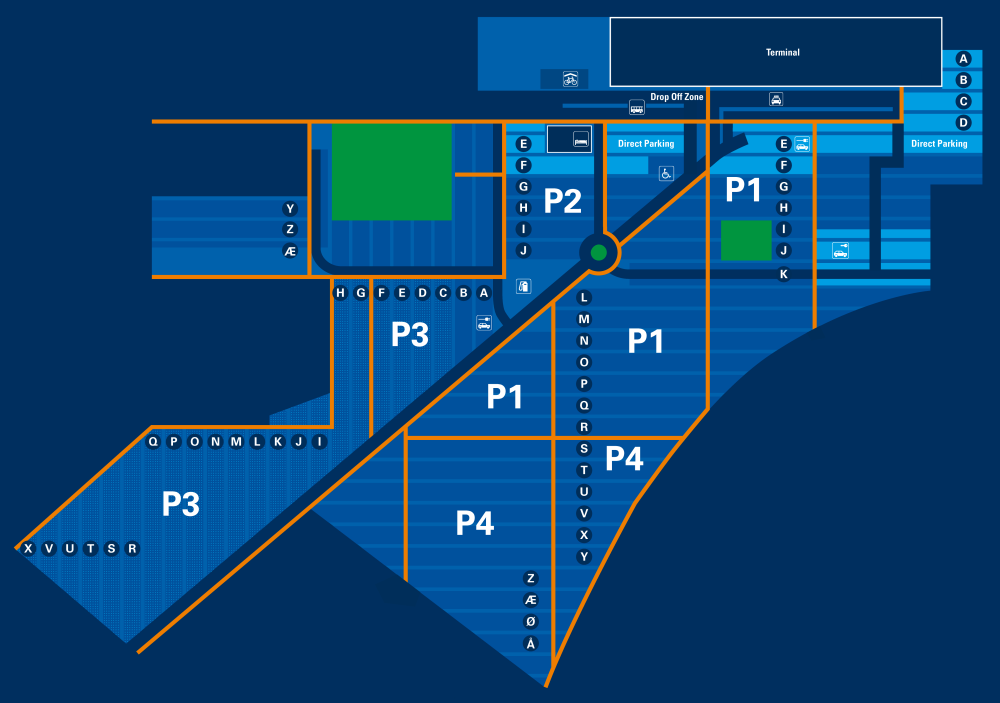 Oversigtskort over Aalborg Lufthavns parkeringsområde